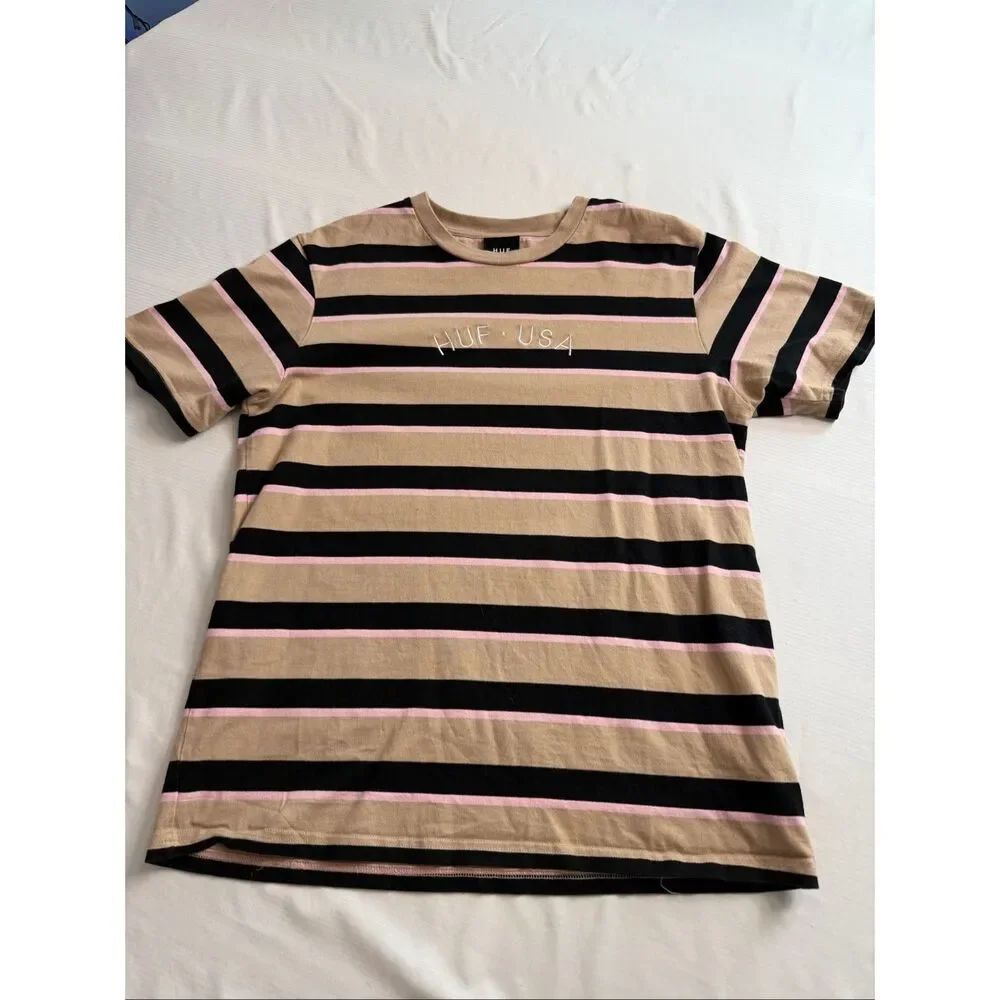 HUF Cream Black Stripe T-Shirt Size Medium